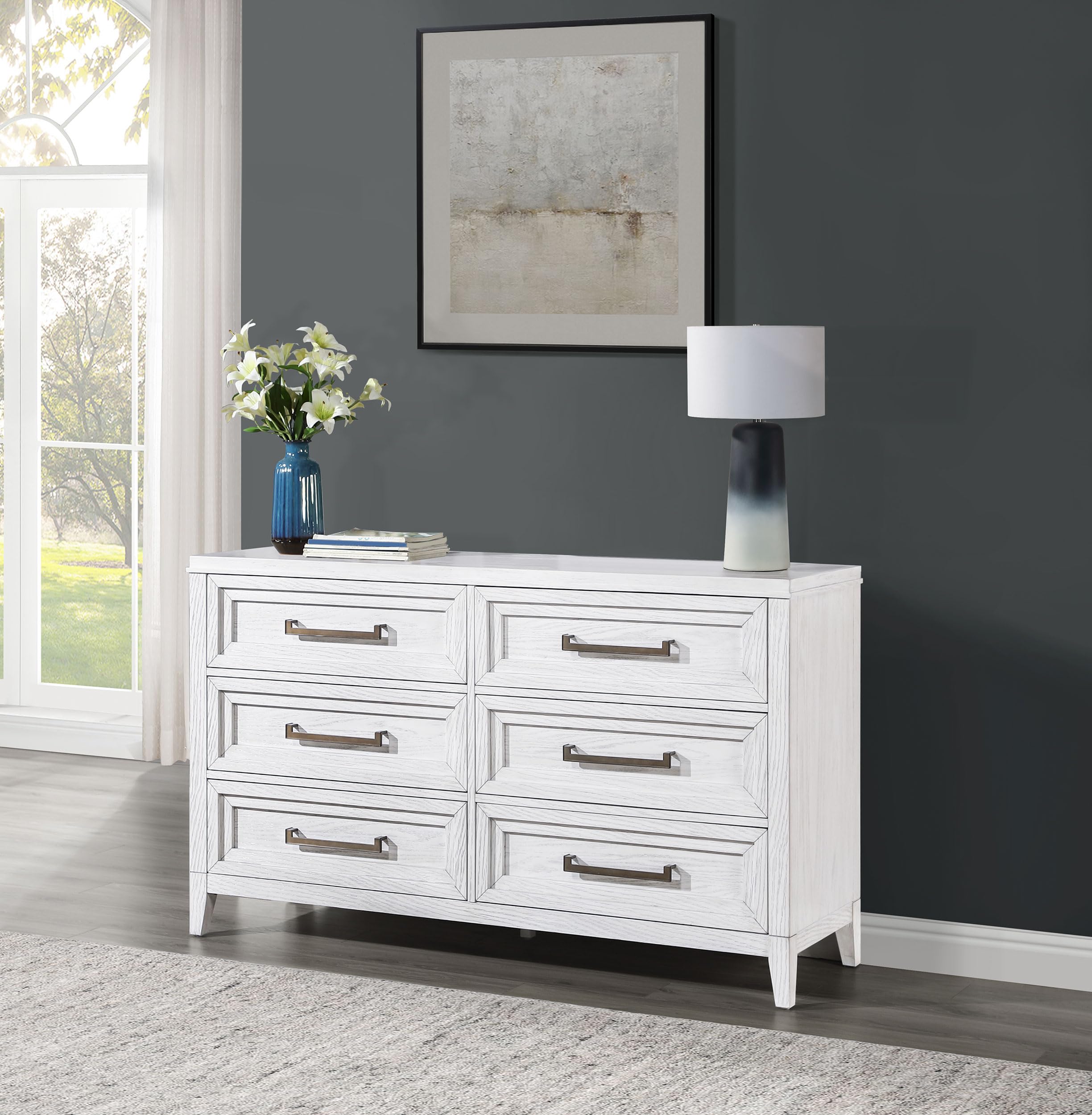 Coaster Home Furnishings Marielle Coastal 64-inch 6-Drawer Bedroom Dresser Clothing Storage Cabinet Wide Chest of Drawers Organizer Unit Distressed White 224843
